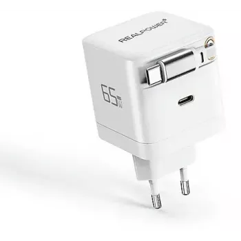 RealPower GaN įkroviklis 65W, 65 W, du USB-C prievadai, baltas