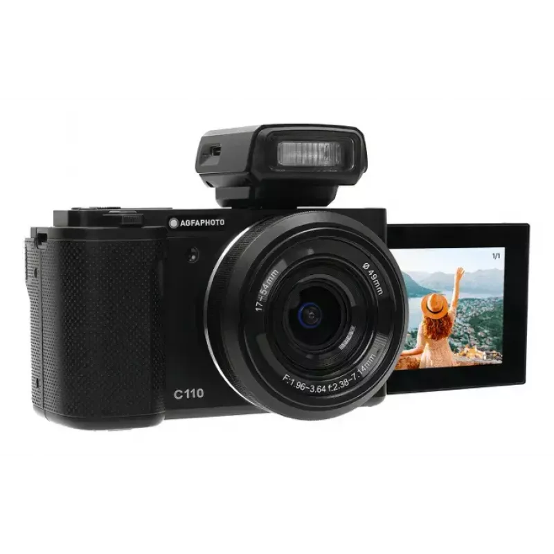 Kompaktiška kamera AgfaPhoto Realishot C110 — 24 MP, 1/3,06 colio CMOS, 3x optinis priartinimas, 4K, „Wi‑Fi“, 2,8 colio jutiklinis ekranas, juoda