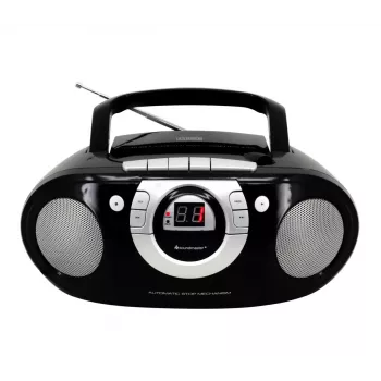 Nešiojama stereo sistema Soundmaster SCD5100SW – analoginis FM imtuvas 87,5–108 MHz, CD/MP3 grotuvas, 1 W RMS, LED ekranas, juoda