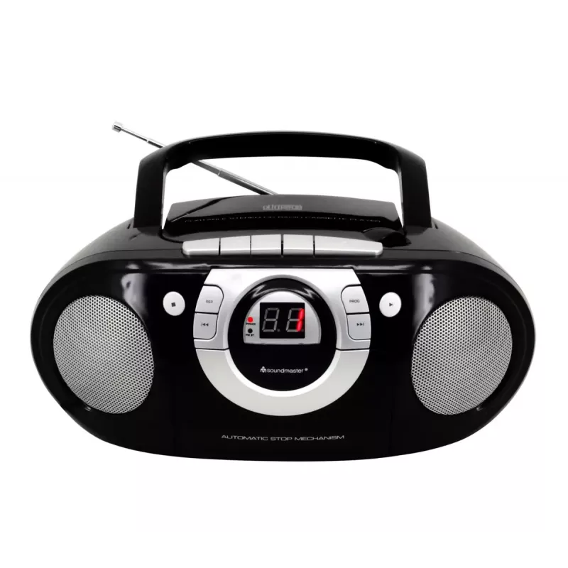 Nešiojama stereo sistema Soundmaster SCD5100SW – analoginis FM imtuvas 87,5–108 MHz, CD/MP3 grotuvas, 1 W RMS, LED ekranas, juoda