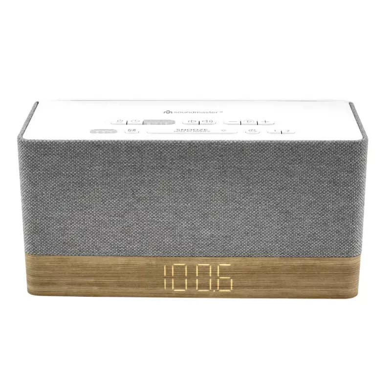 Radijo laikrodinis imtuvas Soundmaster UR630WE — FM/PLL/UKW, 6 W RMS, pilkai baltas, maitinimas iš tinklo ir AAA baterijų