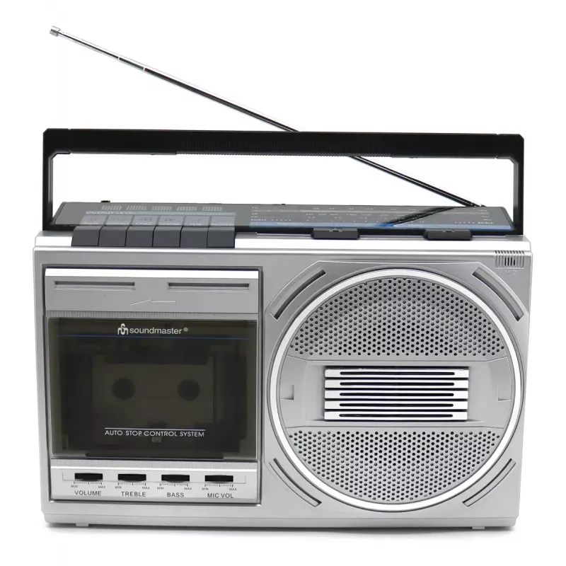 Nešiojamas kasečių grotuvas Soundmaster RR20SI – FM/MW/SW radijas, 3 W RMS, 3,5 mm ausinės, juodas/sidabrinis