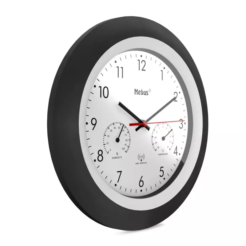 Mebus 19449 apvalus radijo valdomas laikrodis su termometru ir higrometru, 30 cm, juodas/baltas