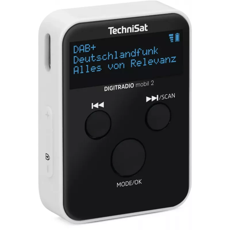 Nešiojamas radijas TECHNISAT DIGITRADIO mobil 2 — DAB+ / FM, OLED 0,91 colio, 3,5 mm, USB-C, Li-Ion 500 mAh, juoda/balta