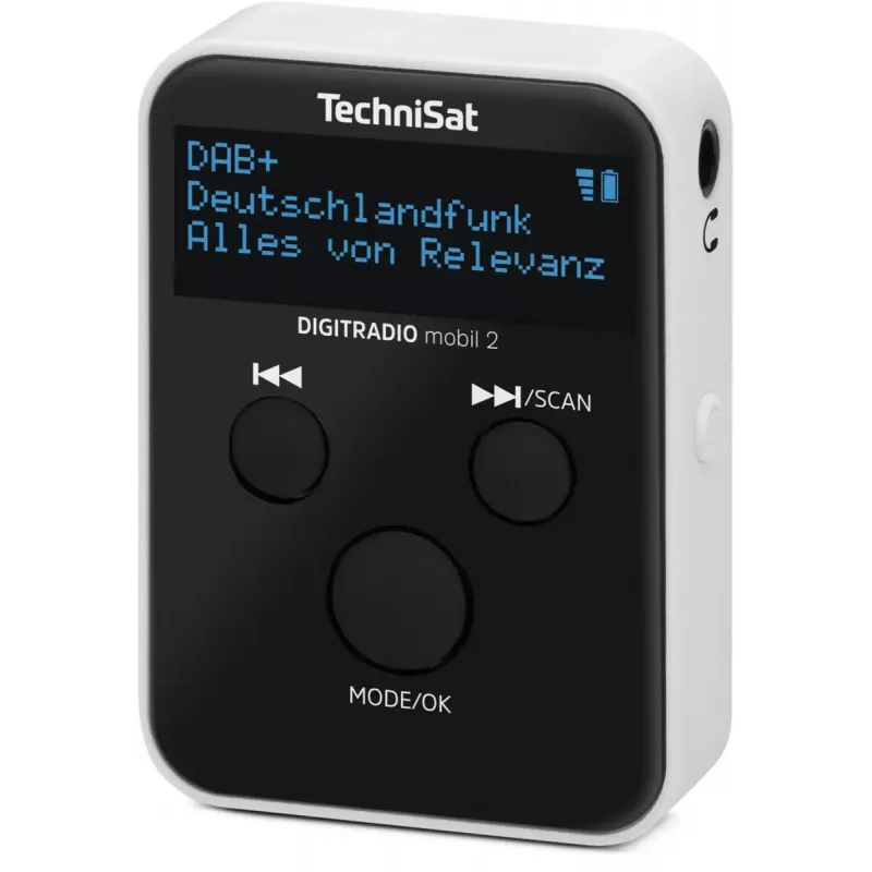 Nešiojamas radijas TECHNISAT DIGITRADIO mobil 2 — DAB+ / FM, OLED 0,91 colio, 3,5 mm, USB-C, Li-Ion 500 mAh, juoda/balta