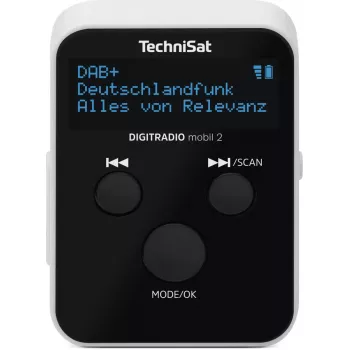 Nešiojamas radijas TECHNISAT DIGITRADIO mobil 2 — DAB+ / FM, OLED 0,91 colio, 3,5 mm, USB-C, Li-Ion 500 mAh, juoda/balta