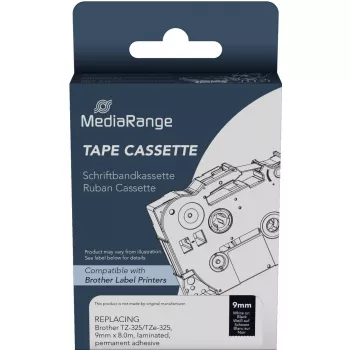 MediaRange plastikinė kasetė Brother TZ-325 nuolatiniai klijai 9mm 8m balta ant juodo