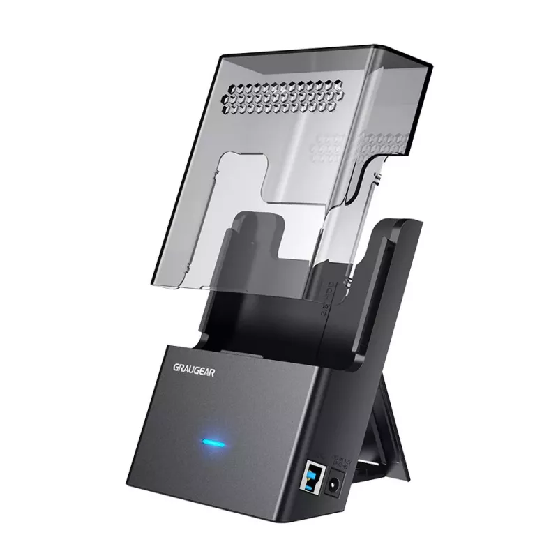 Dokavimo stotelė GrauGear G-3502-AC, 2,5 colio/3,5 colio SATA HDD/SSD, USB 3.2 Gen 1 Type-B, 6 Gbit/s, 12V/1,5A, juoda/permatoma