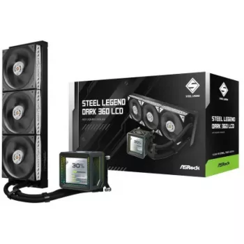 CPU aušintuvas ASROCK Steel Legend Dark 360 LCD — 360 mm AIO skysčio aušintuvas su LCD ekranu