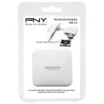 Kortelių skaitytuvas PNY All in One Reader USB 2.0, 480 Mbit/s, palaiko CF/SD/MicroSD/MS/MiniSD/MMC, baltas, 54×54×13 mm, 29 g