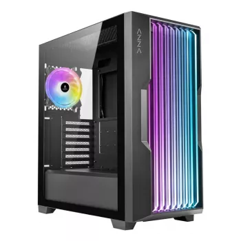 PC korpusas AZZA Guardian Glass Midi Tower — juodas, ATX/Micro-ATX/ITX/EATX, palaiko 3.5 colio×2 / 2.5 colio×4, priekyje 120/140 mm ventiliatorius