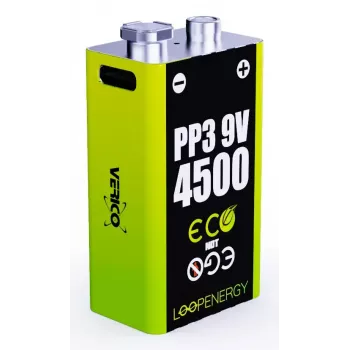 Įkraunamas 9V baterijų rinkinys VERICO LoopEnergy PP3 4500 – Li‑Jon, 2 vnt., 500 mAh, USB‑C įkrovimas