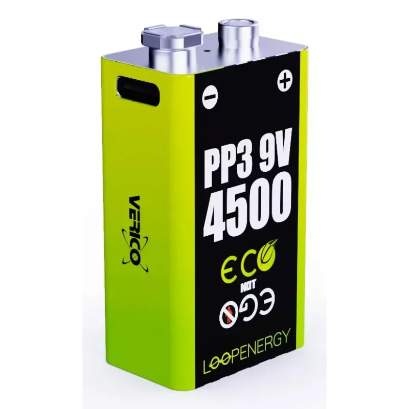 Įkraunamas 9V baterijų rinkinys VERICO LoopEnergy PP3 4500 – Li‑Jon, 2 vnt., 500 mAh, USB‑C įkrovimas