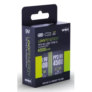 Įkraunamas 9V baterijų rinkinys VERICO LoopEnergy PP3 4500 – Li‑Jon, 2 vnt., 500 mAh, USB‑C įkrovimas