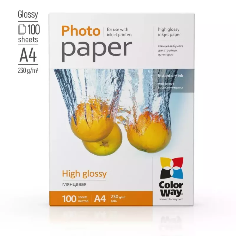 Foto popierius A4 ColorWay PG230100A4 — Blizgus 230 g/m², 100 lapų, Baltas