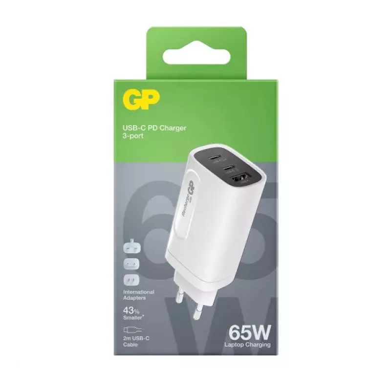 GP Batteries GaN PD 65W USB-C kintamosios srovės įkroviklis su apsauga nuo viršįtampio