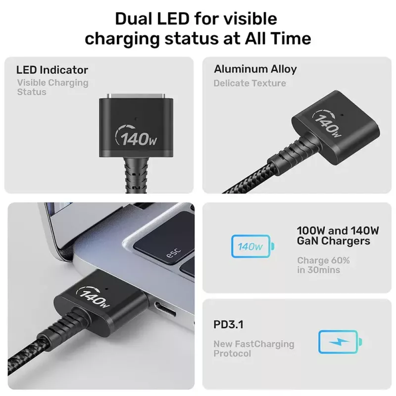 Maitinimo laidas UNITEK C14121BK-1M Juodas MagSafe 3 USB C 1m 28V 5A