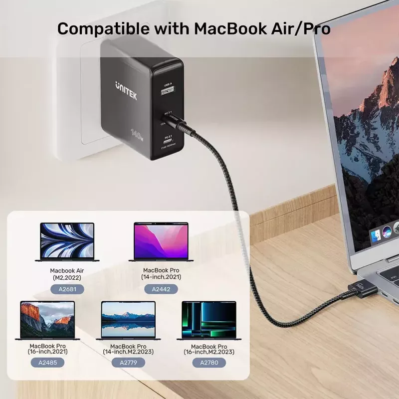 Maitinimo laidas UNITEK C14121BK-1M Juodas MagSafe 3 USB C 1m 28V 5A