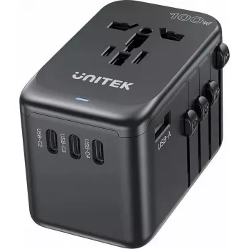Keliautojų įkroviklis Unitek P1123ABK01 – Unitek PD 100W, kelių regionų EU/US/UK/AUS kištukas