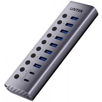 USB šakotuvas Unitek H1315B01-EU – 10 prievadų, 5Gbps, su atskirais prievadų jungikliais