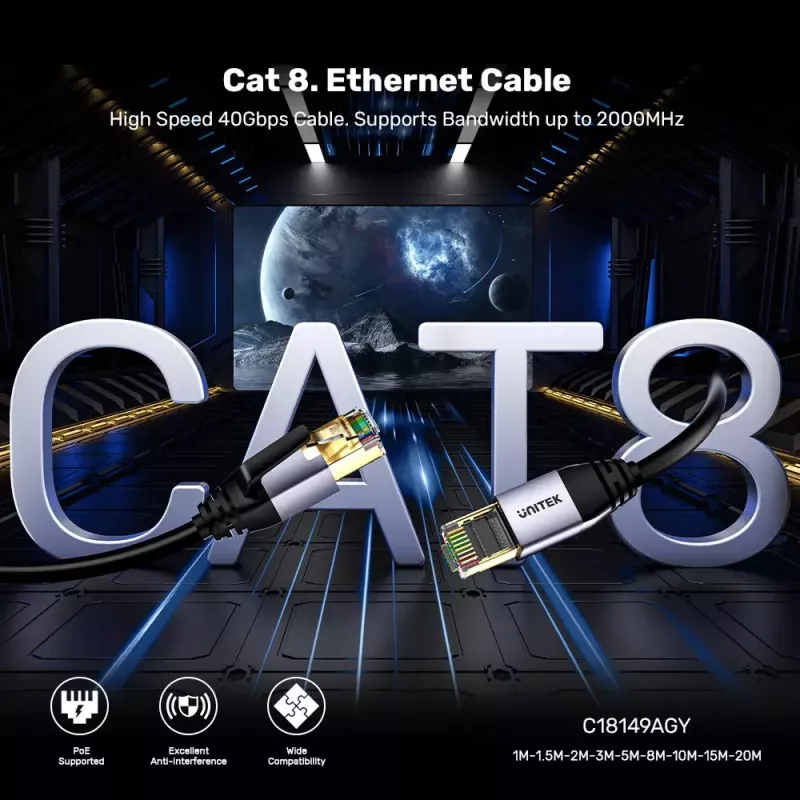 Tinklo kabelis UNITEK C18149AGY03-5M RJ-45 Cat8 5m Juodas