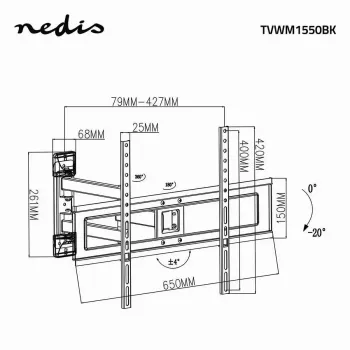 Grindinis TV stovas Nedis TVWM1550BK, 94–177,8 cm (37–70 col.), VESA 600x400, 25 kg, juodas