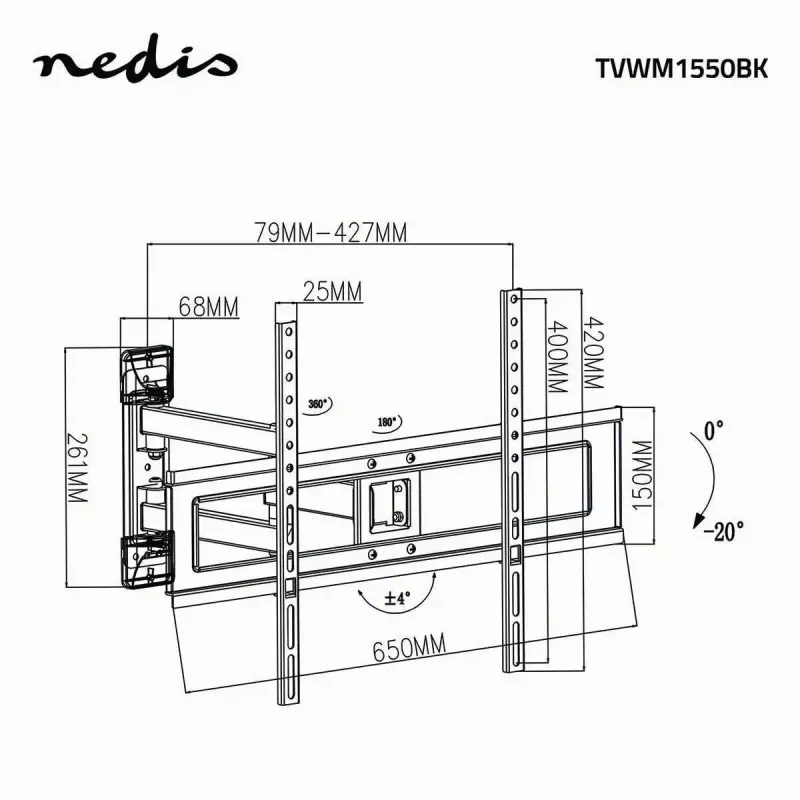 Grindinis TV stovas Nedis TVWM1550BK, 94–177,8 cm (37–70 col.), VESA 600x400, 25 kg, juodas