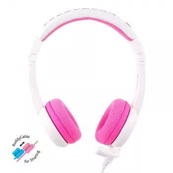 BuddyPhones School+ ausinės su galvos juosta, laidinės, skirtos skambučiams ir muzikai, 20–20000 Hz, 1,4 m kabelis, rožinė/balta