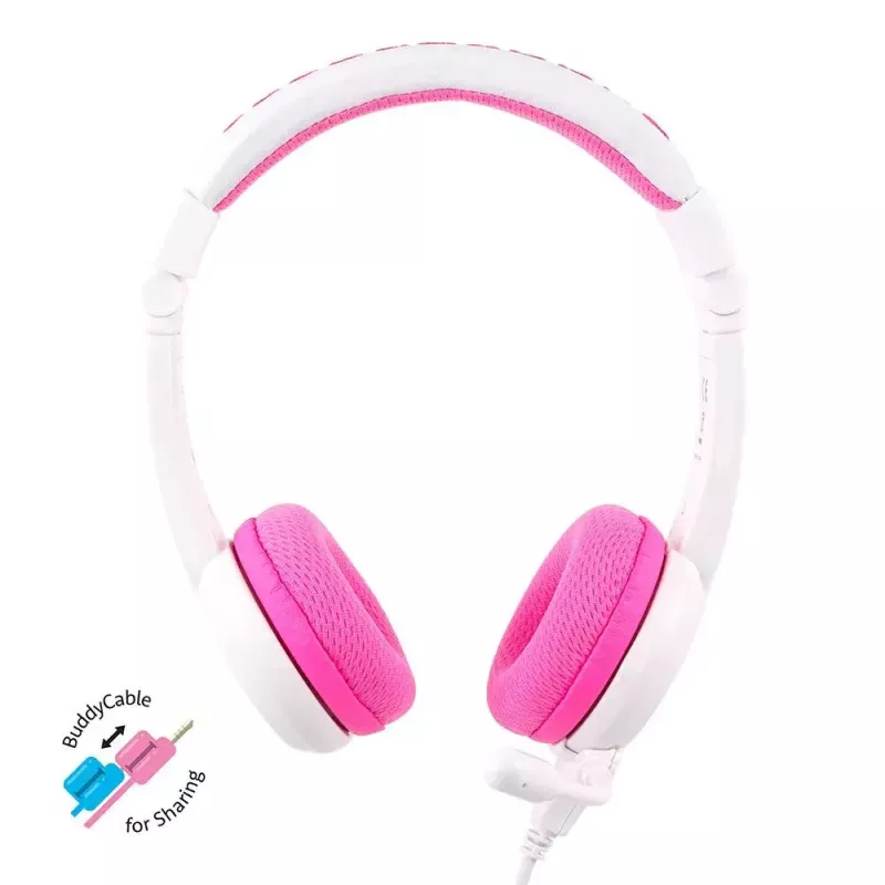 BuddyPhones School+ ausinės su galvos juosta, laidinės, skirtos skambučiams ir muzikai, 20–20000 Hz, 1,4 m kabelis, rožinė/balta