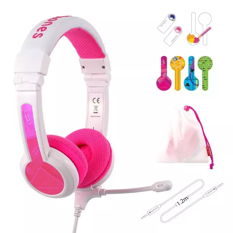 BuddyPhones School+ ausinės su galvos juosta, laidinės, skirtos skambučiams ir muzikai, 20–20000 Hz, 1,4 m kabelis, rožinė/balta