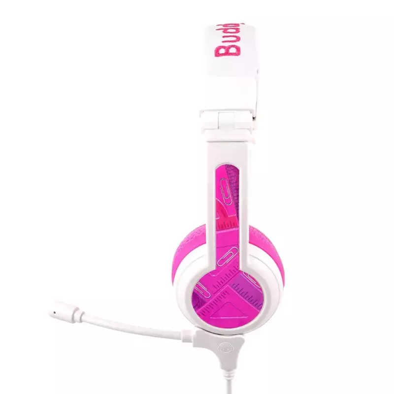 BuddyPhones School+ ausinės su galvos juosta, laidinės, skirtos skambučiams ir muzikai, 20–20000 Hz, 1,4 m kabelis, rožinė/balta