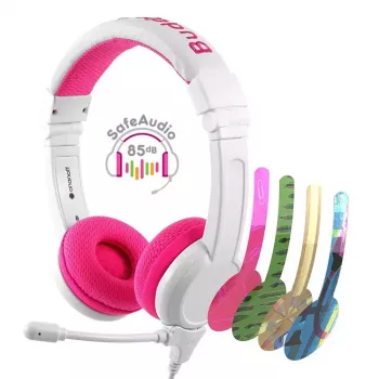 BuddyPhones School+ ausinės su galvos juosta, laidinės, skirtos skambučiams ir muzikai, 20–20000 Hz, 1,4 m kabelis, rožinė/balta