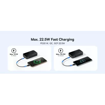 Powerbankas Baseus EnerFill Bipow2 Pro 20000 mAh, PD 3.0 & QC 3.0, 22.5 W, 1×USB-A + 1×USB-C, juodas, iki 3 įrenginių