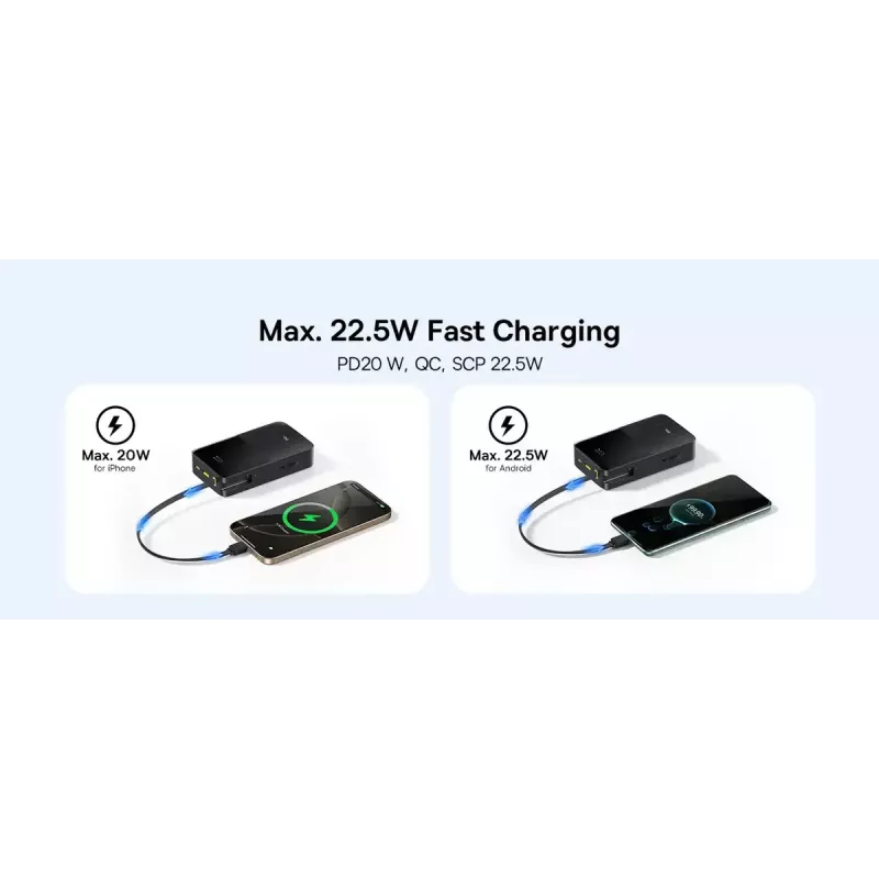 Powerbankas Baseus EnerFill Bipow2 Pro 20000 mAh, PD 3.0 & QC 3.0, 22.5 W, 1×USB-A + 1×USB-C, juodas, iki 3 įrenginių