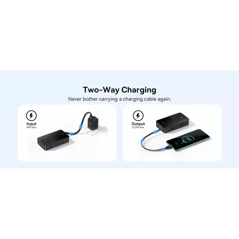 Powerbankas Baseus EnerFill Bipow2 Pro 20000 mAh, PD 3.0 & QC 3.0, 22.5 W, 1×USB-A + 1×USB-C, juodas, iki 3 įrenginių