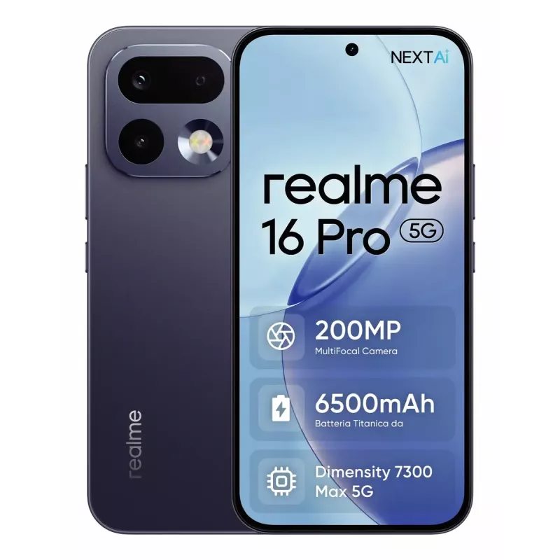 Išmanusis telefonas REALME 16 PRO — 6,8 colio (17,3 cm) 5G, MediaTek Dimensity, 8 GB RAM, 256 GB, 200 MP dviguba kamera, 6500 mAh, Pilka