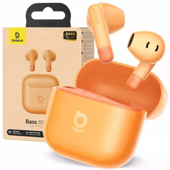 Belaidės ausinės Baseus Bass BS2 Lite TWS, į ausį, oranžinės, stereo garsas, kompaktiškas įkrovimo dėklas