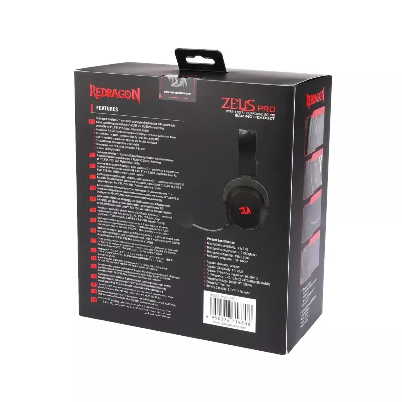 Belaidės ausinės su Bluetooth REDRAGON H510 Zeus Pro RGB — 20–20000 Hz, 1.8 m laidas, Juodos