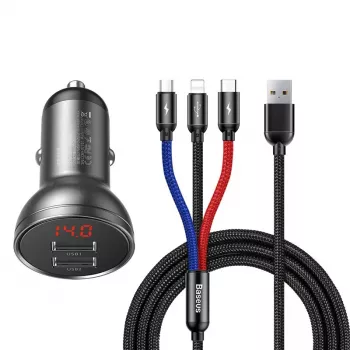 Automobilinis USB įkroviklis Baseus AB2XUSBAKBK — 2× USB 2.0, 4,8 A, cigarečių degtuko lizdas, juodai pilkas
