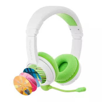 Ausinės BuddyPhones School+ Wireless – laidinės ir belaidės Bluetooth, USB-C, uždengiančios ausis, 20–20000 Hz, 147 g, žalia/balta