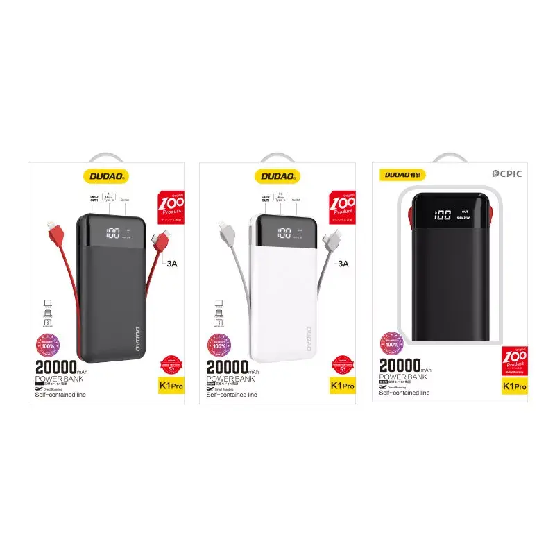 Powerbank Dudao K1Pro 20000mAh 15W su 4 integruotais kabeliais, juodas