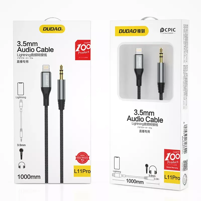 Garso kabelis DUDAO L11PRO Lightning – 3,5 mm mini jack, 1 m, pilkas
