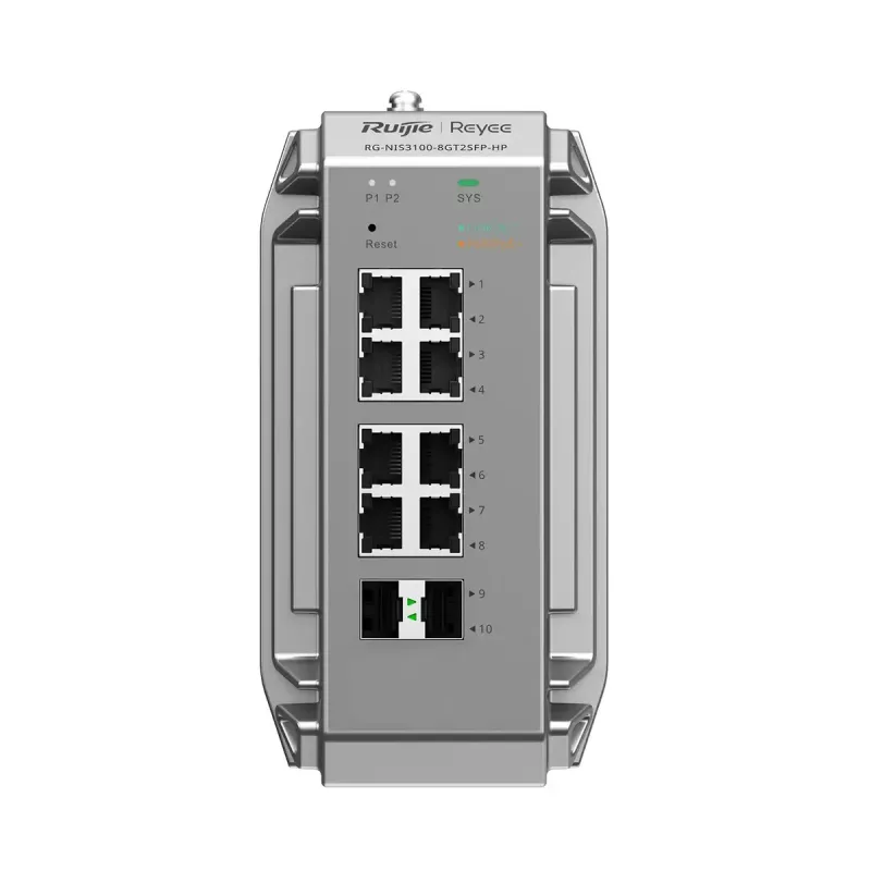 Valdomas L2 tinklo jungiklis Ruijie RG-NIS3100-8GT2SFP-HP — 8× Gigabit RJ-45, 2× SFP, PoE, 12–56 V DC, 20 Gbit/s, 8000 MAC, Pilka