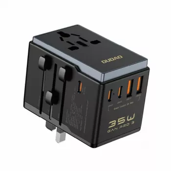 Keliaujantis adapteris Dudao A35Pro 35W su 3× USB-C ir 2× USB-A, kelių tipų kištukai EU/UK/AUS/US/JP — juodas