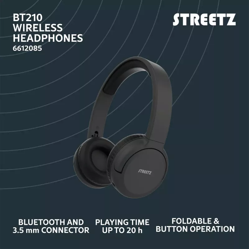 Ausinės Streetz BT210-BLK, Bluetooth 5.3 / 3,5 mm, apgaubiančios, juodos