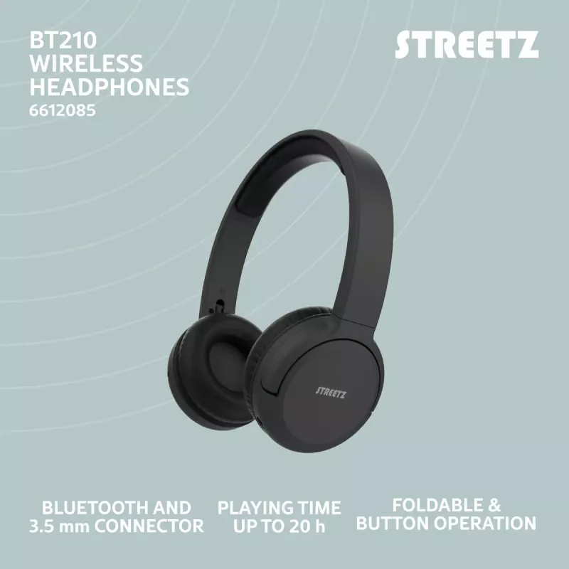 Ausinės Streetz BT210-BLK, Bluetooth 5.3 / 3,5 mm, apgaubiančios, juodos