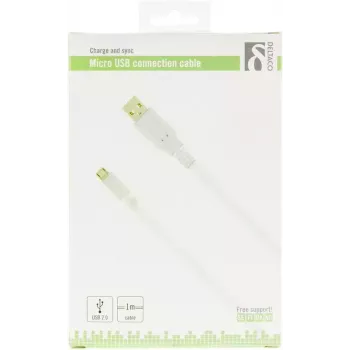 USB kabelis Deltaco MICRO-100, 1 m, USB A – Micro-USB B, USB 2.0, auksuoti kontaktai, baltas