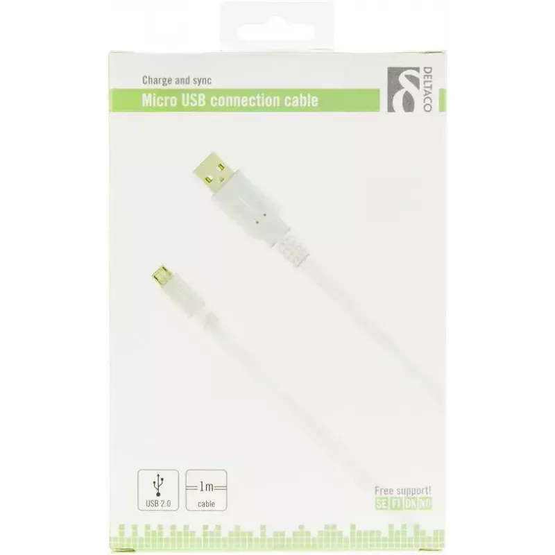 USB kabelis Deltaco MICRO-100, 1 m, USB A – Micro-USB B, USB 2.0, auksuoti kontaktai, baltas