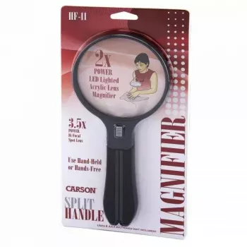 Didinamasis stiklas Carson Split Handle HF-11 — 3,5× rankinis didintuvas, juodas/skaidrus, AAA baterija