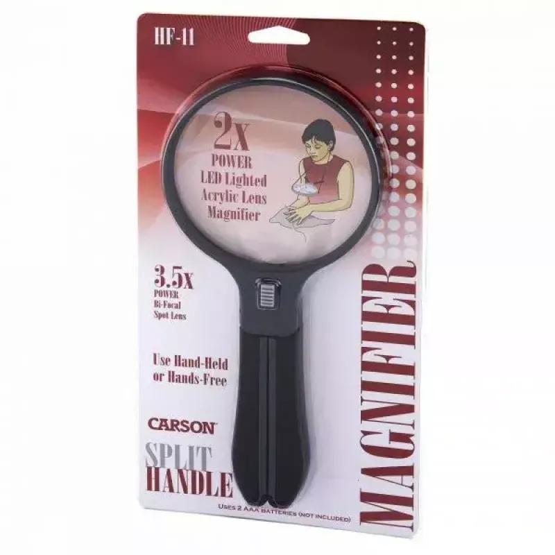 Didinamasis stiklas Carson Split Handle HF-11 — 3,5× rankinis didintuvas, juodas/skaidrus, AAA baterija